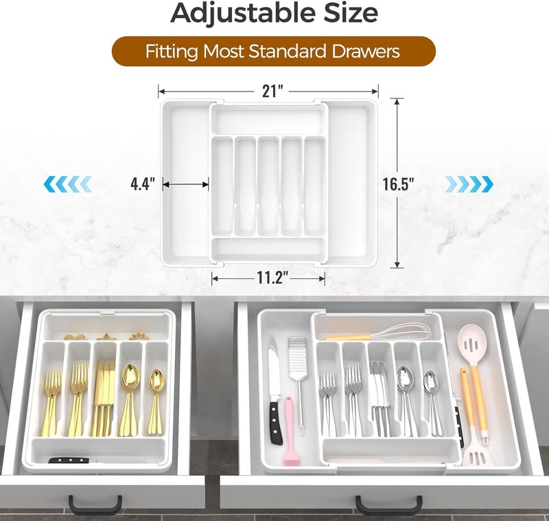 ukeetap Extra Large Expandable Silverware Organizer, BPA-Free Food-Safe Cutlery Flatware Organizer, Kitchen Utensil Drawer Organizer, Adjustable Silverware Holder for Spoons Forks Knives, White - Image 3
